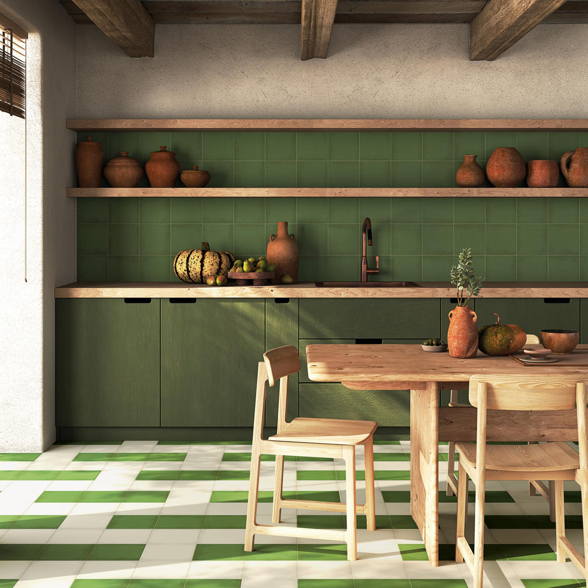 Ambiente con suelo hidráulico Ferrara Verde y Blanco - Vetonek