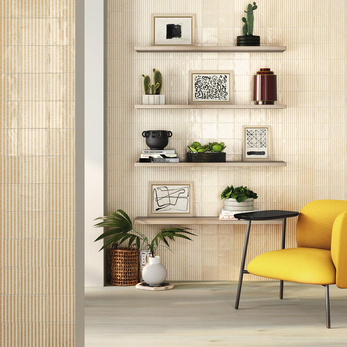 Ambiente con revestimiento efecto barro Lecce Specchia Pearl - Vetonek