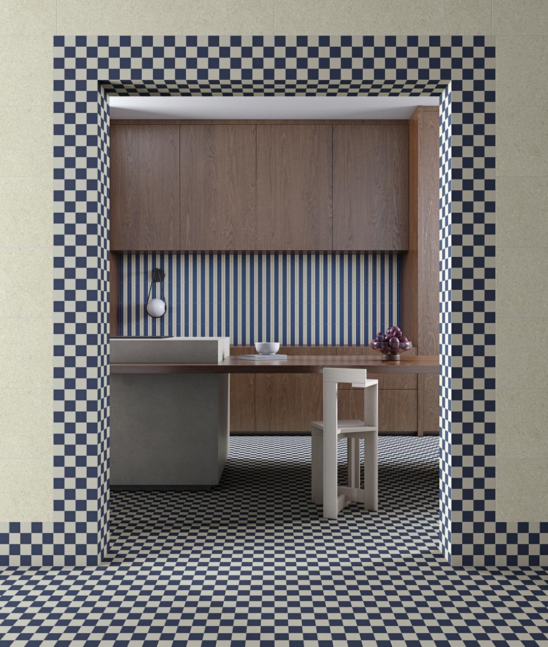Ambiente cocina con suelo hidráulico Amalfi Azul y Greige - Vetonek