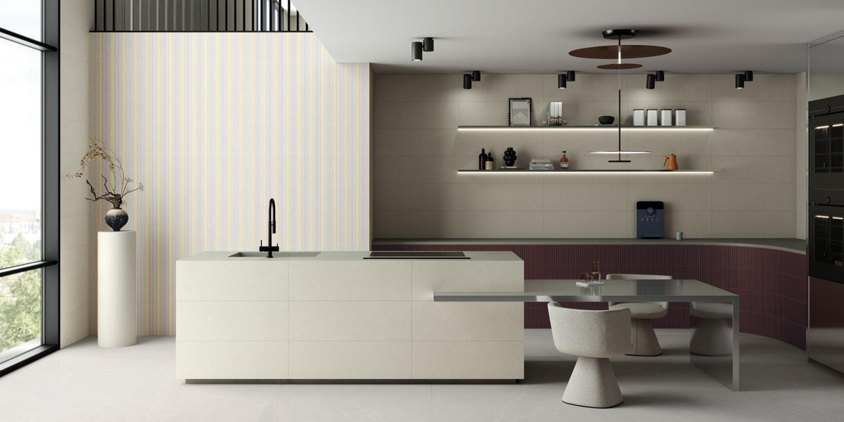 Ambiente cocina con suelo hidráulico Amalfi Blanco y Burdeos - Vetonek
