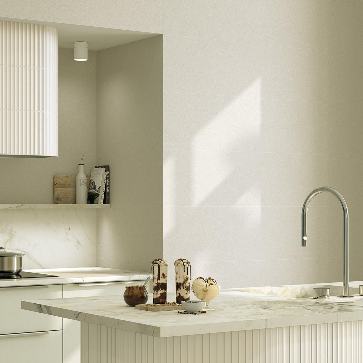 Ambiente cocina con suelo hidráulico Amalfi Blanco - Vetonek