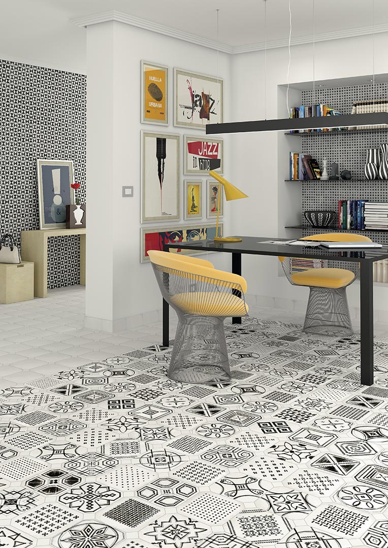 Ambiente salón con suelo hidráulico Vicenza - Vetonek