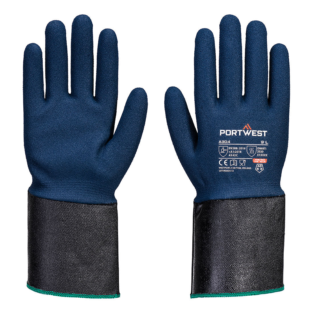 Guante Grip C13 de espuma de nitrilo con puño extendido Gris/Azul - Portwest A304