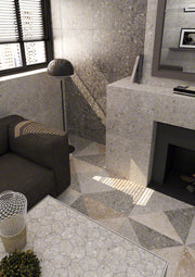 Ambiente salón con suelo efecto piedra Bérgamo Gris - Vetonek