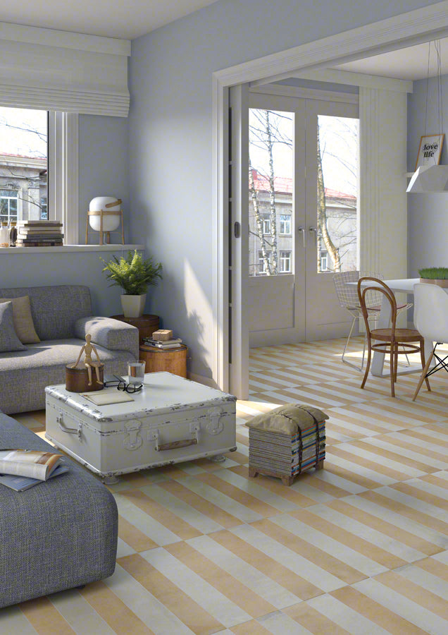 Ambiente con suelo efecto barro Matera Arena y Beige - Vetonek