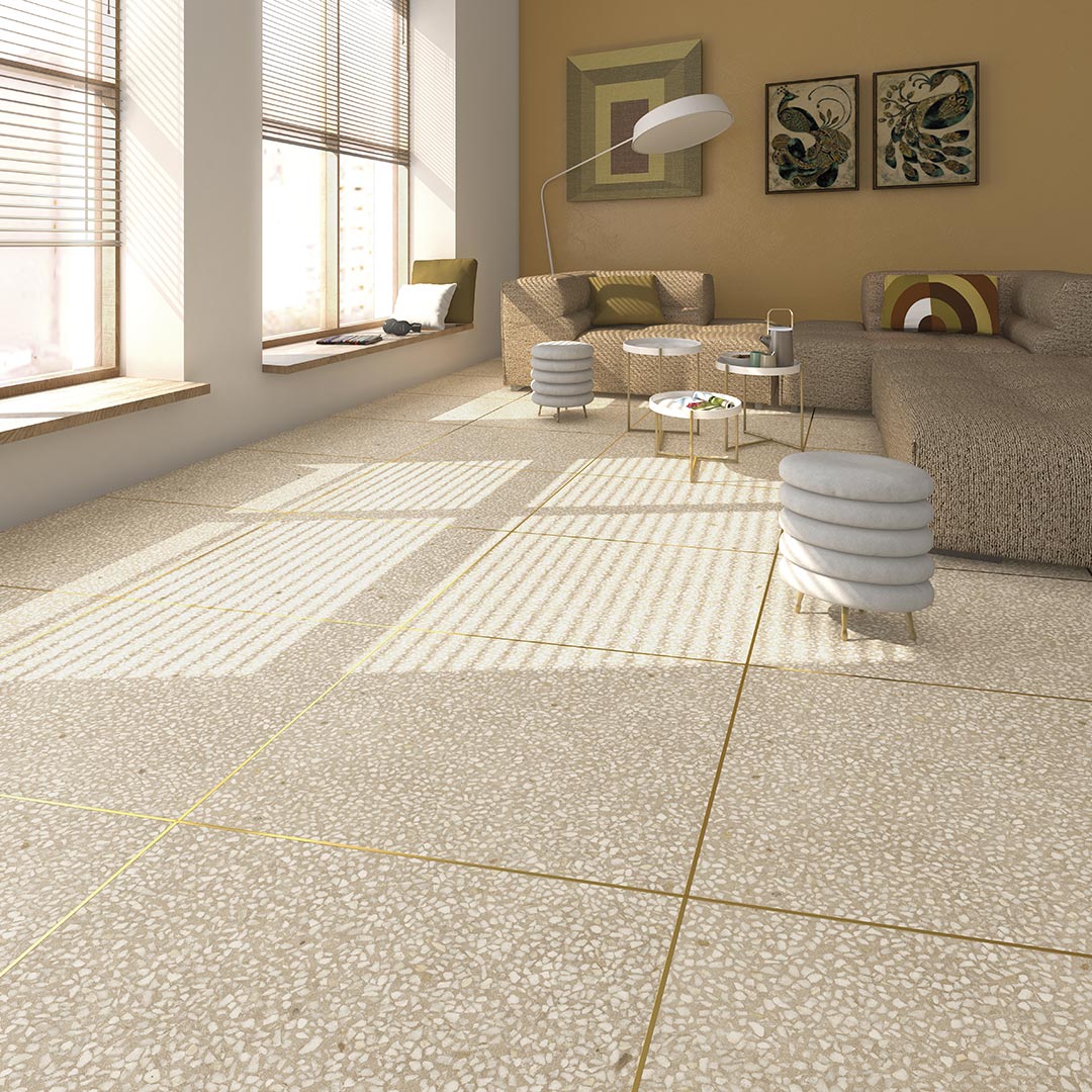Salón con baldosa terrazo Chiavari Crema - Vetonek