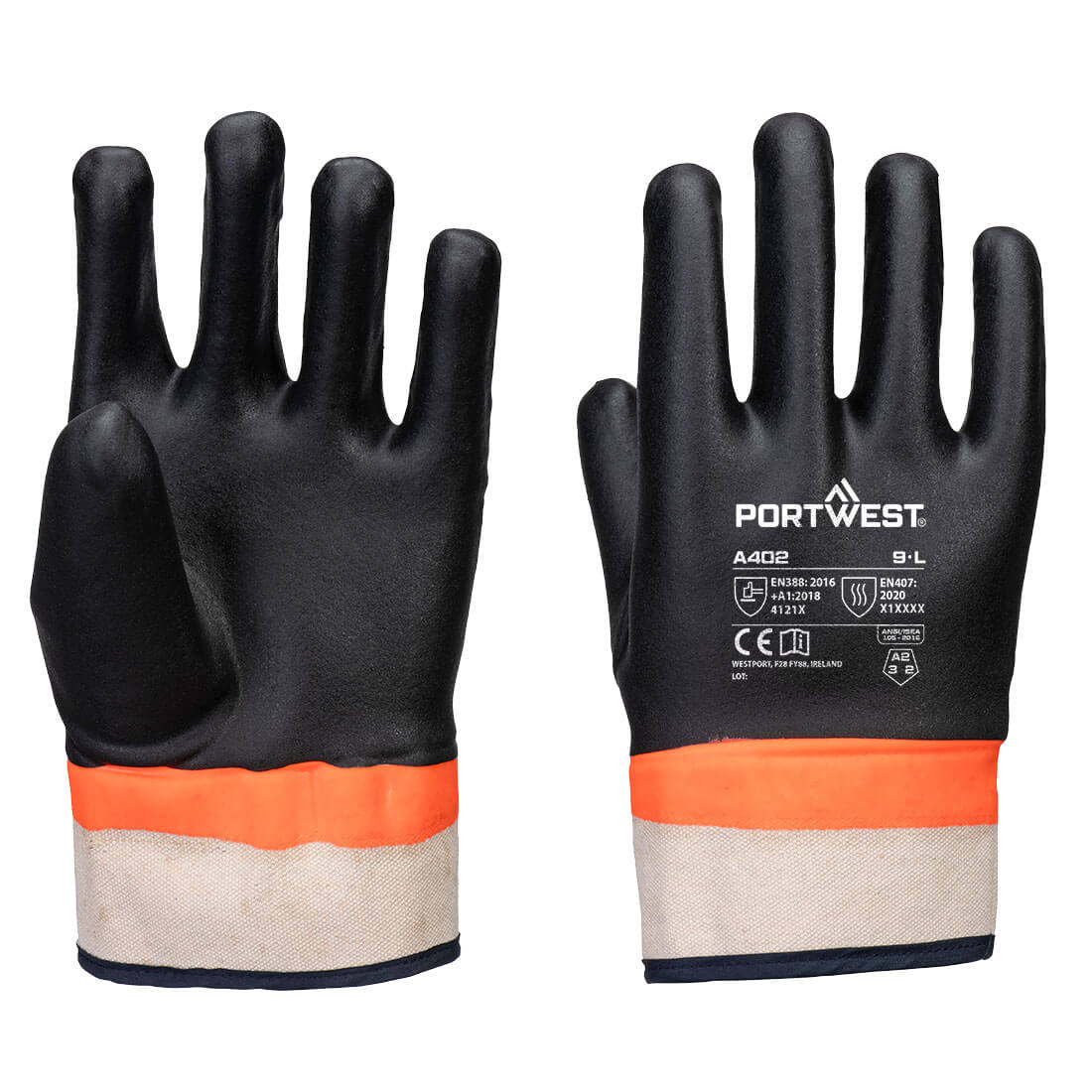 Guante Grip de PVC arenoso con doble baño Negro/Naranja - Portwest A402