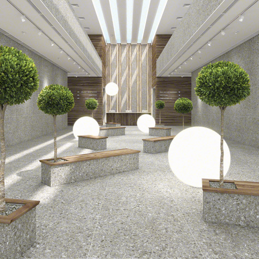 Ambiente con suelo efecto piedra Bérgamo Cemento - Vetonek