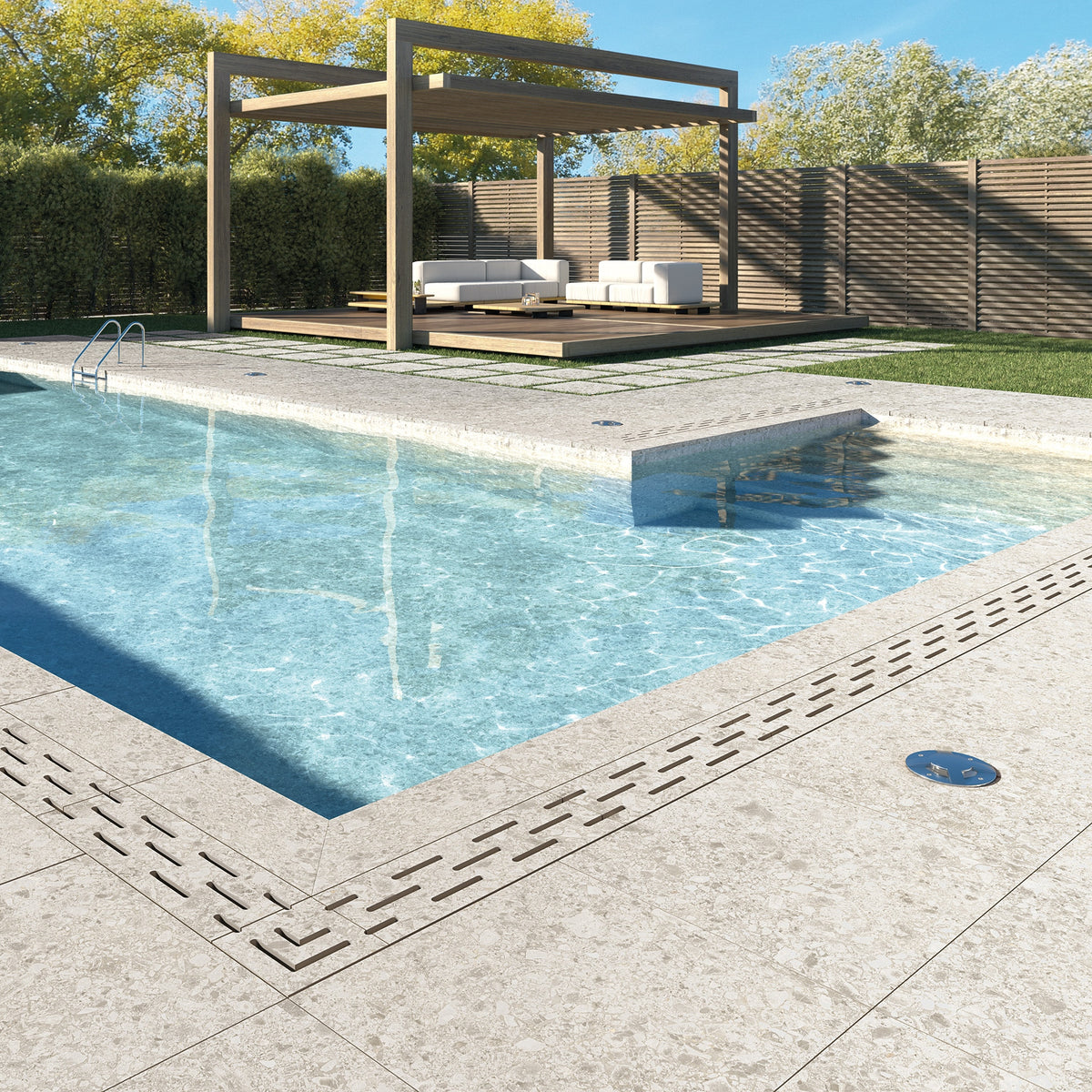 Ambiente piscina con suelo efecto piedra Bérgamo Gris - Vetonek