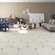 Ambiente salón con baldosa efecto piedra Sassari Gris - Vetonek