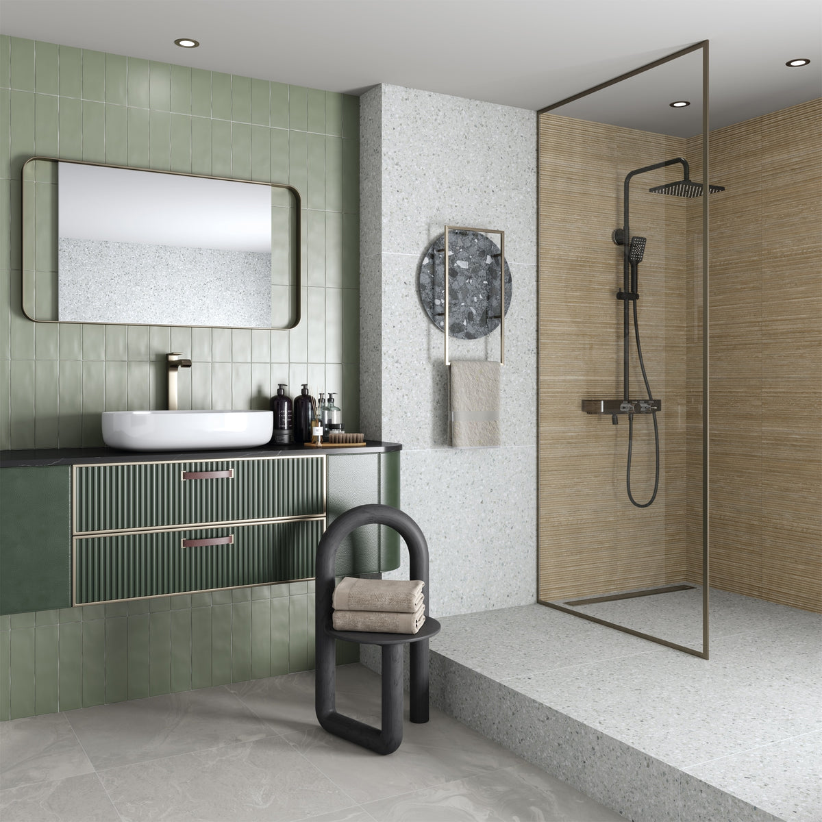 Ambiente con azulejo mate Rapallo Esmeralda y Gris - Vetonek