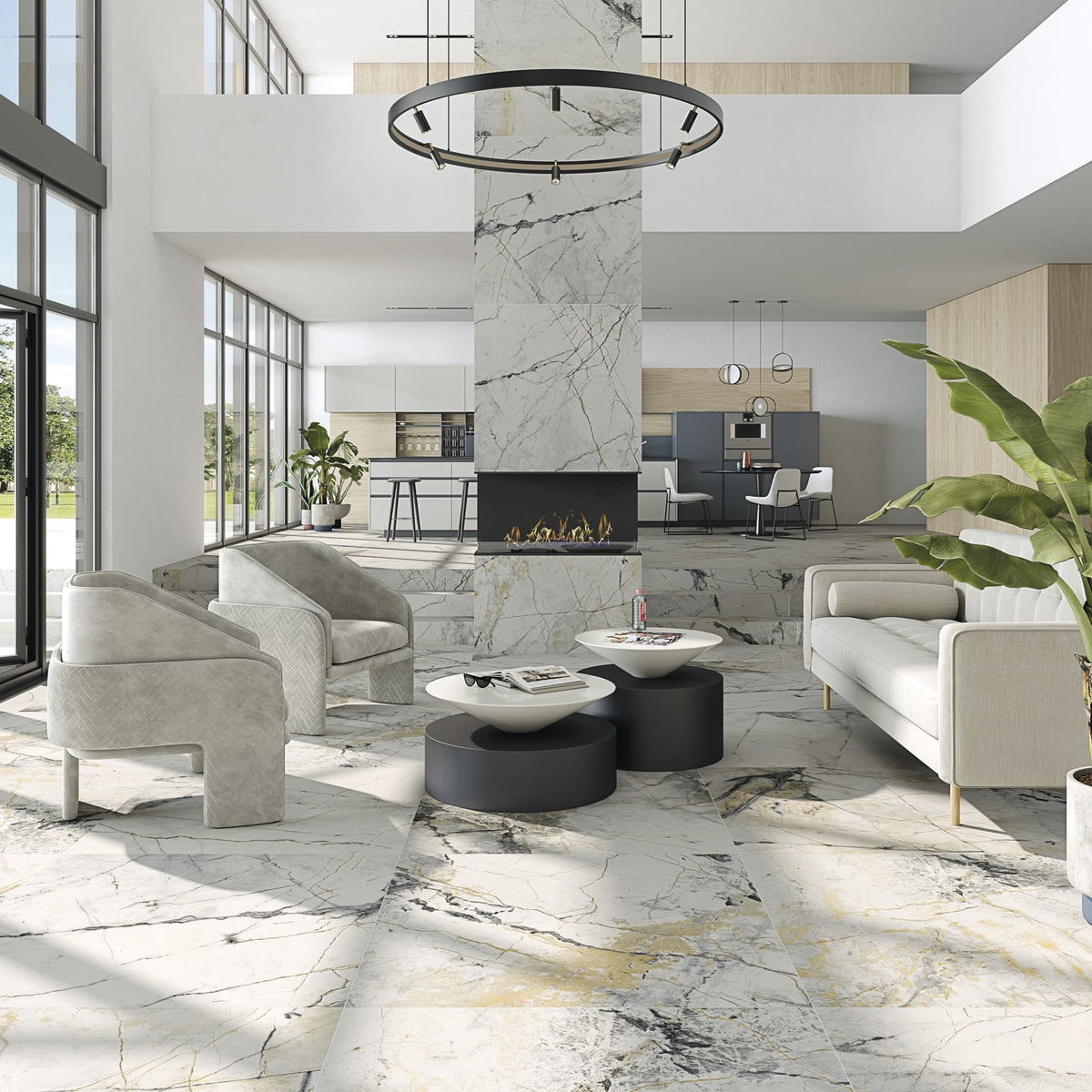 Ambiente salón con suelo efecto mármol Sarzana - Vetonek