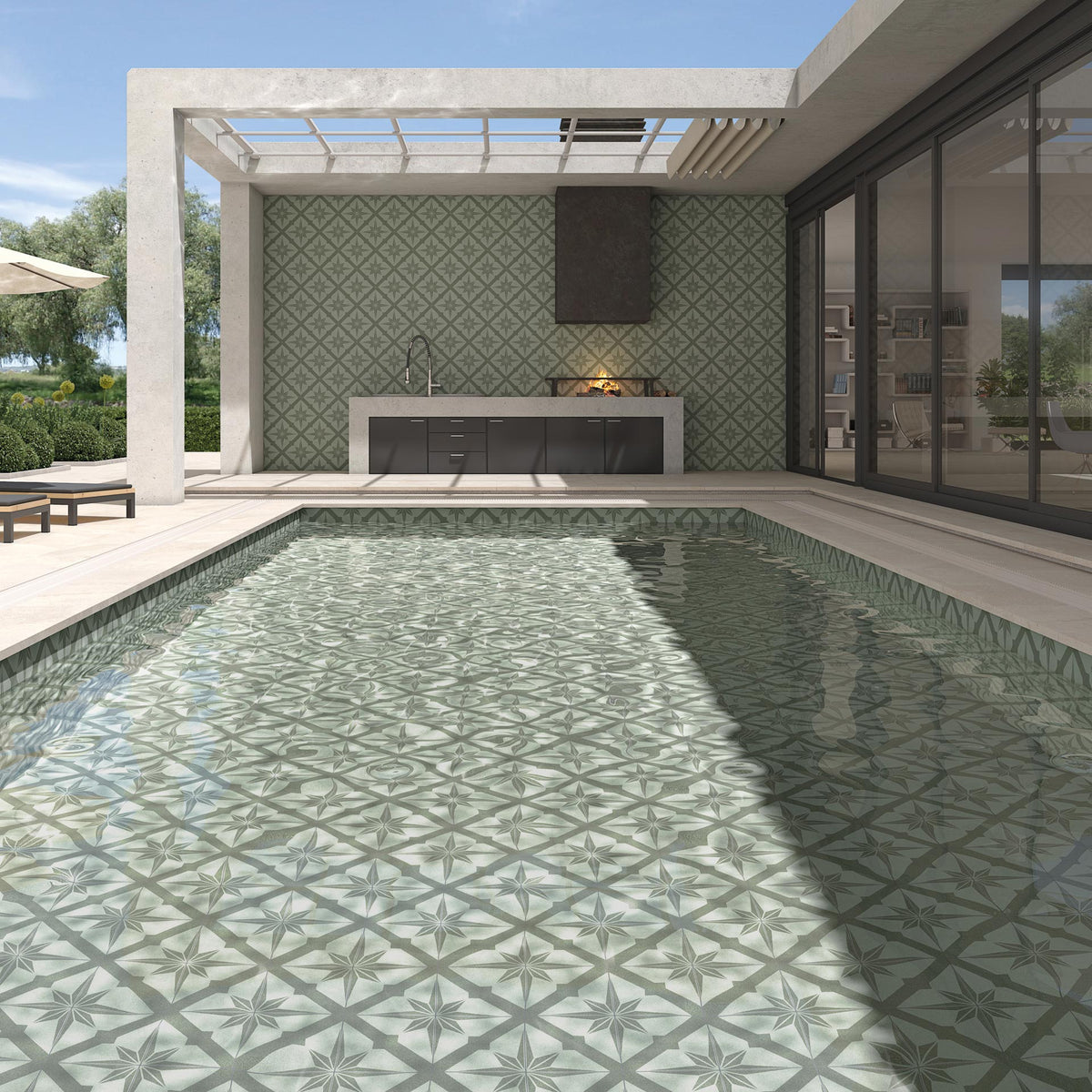 Ambiente con suelo hidráulico Bellagio Tremezzo Turquesa y beige - Vetonek