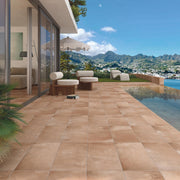Ambiente terraza con suelo efecto barro Otranto Cuero - Vetonek
