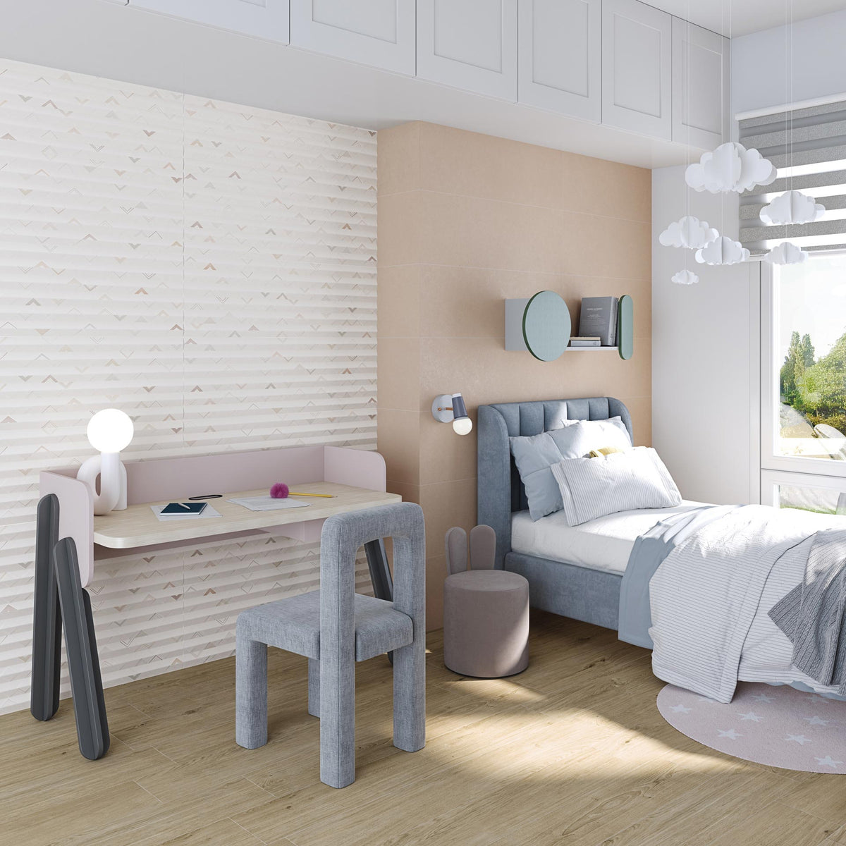 Ambiente salón con revestimiento efecto cemento Ravenna Rojizo y Decorado Multicolor - Vetonek