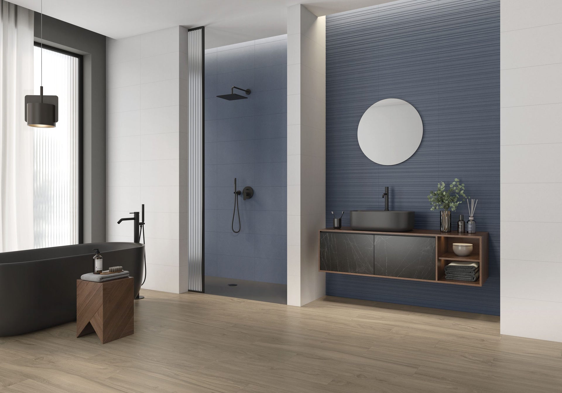 Pau Blue Grey con Relieve Mahon en baño
