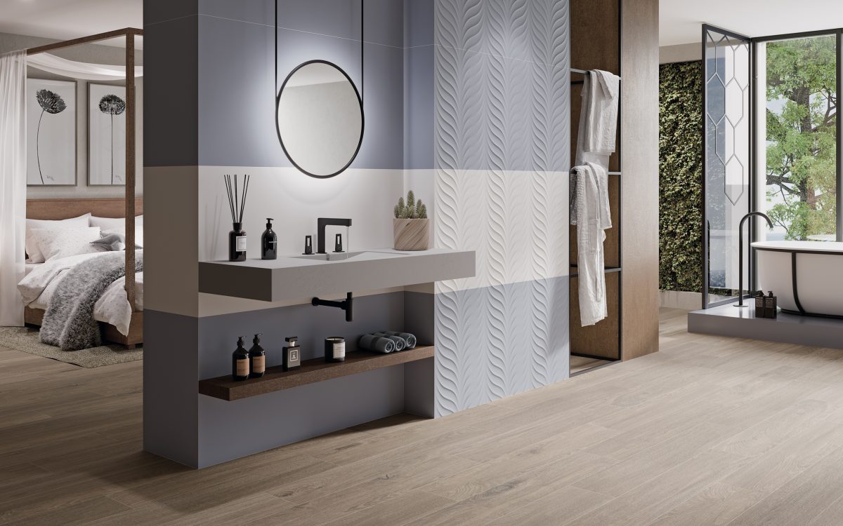Yvetot Denim y Sabbia con Relieve Palm en baño