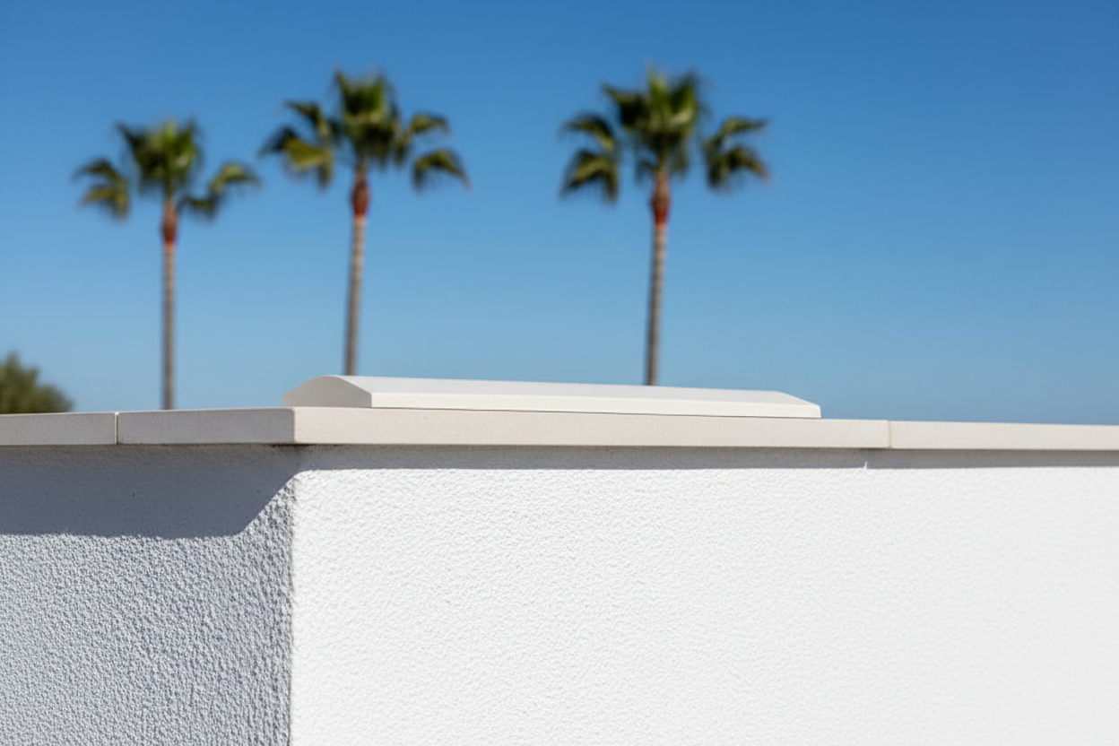 Cubremuros Segre Liso de hormigón, sobre un muro blanco de una villa mediterránea - Vetonek