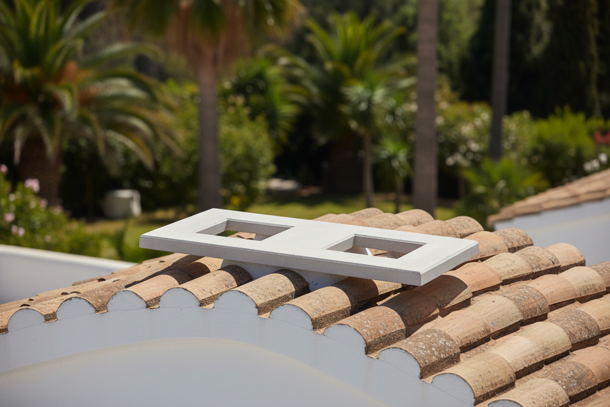 Base doble de hormigon color blanco con dos aberturas rectangulares instalada sobre el tejado de teja curva de una villa mediterranea, jardin con palmeras desenfocado al fondo, luz de mediodia
