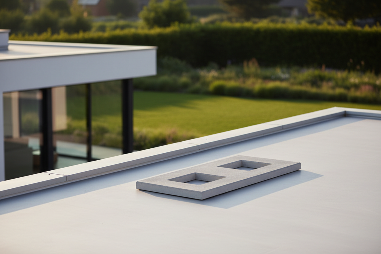 Base doble de hormigon color gris ciment con dos aberturas rectangulares instalada sobre el tejado plano de una vivienda unifamiliar moderna minimalista, jardin con cesped desenfocado al fondo, luz de tarde calida