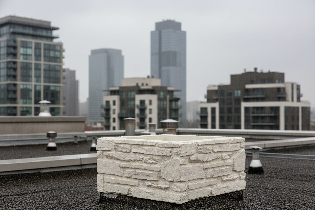 Remate de chimenea de piedra color Pirineos instalado sobre el tejado plano de un atico urbano bajo lluvia ligera, edificios de fondo desenfocados, ambiente nublado