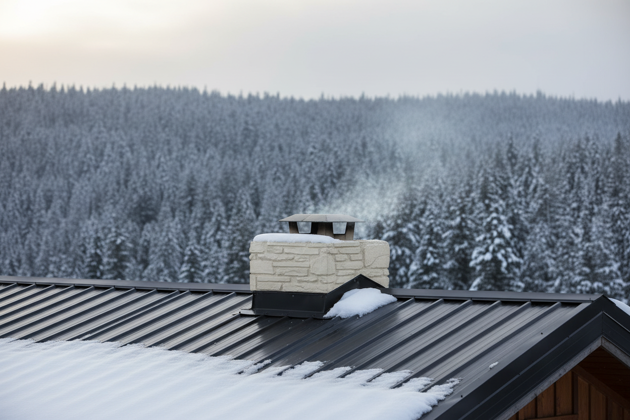 Remate de chimenea de piedra color champagne instalado sobre el tejado metalico oscuro nevado de una cabana de montana, pinos nevados desenfocados al fondo, luz de invierno