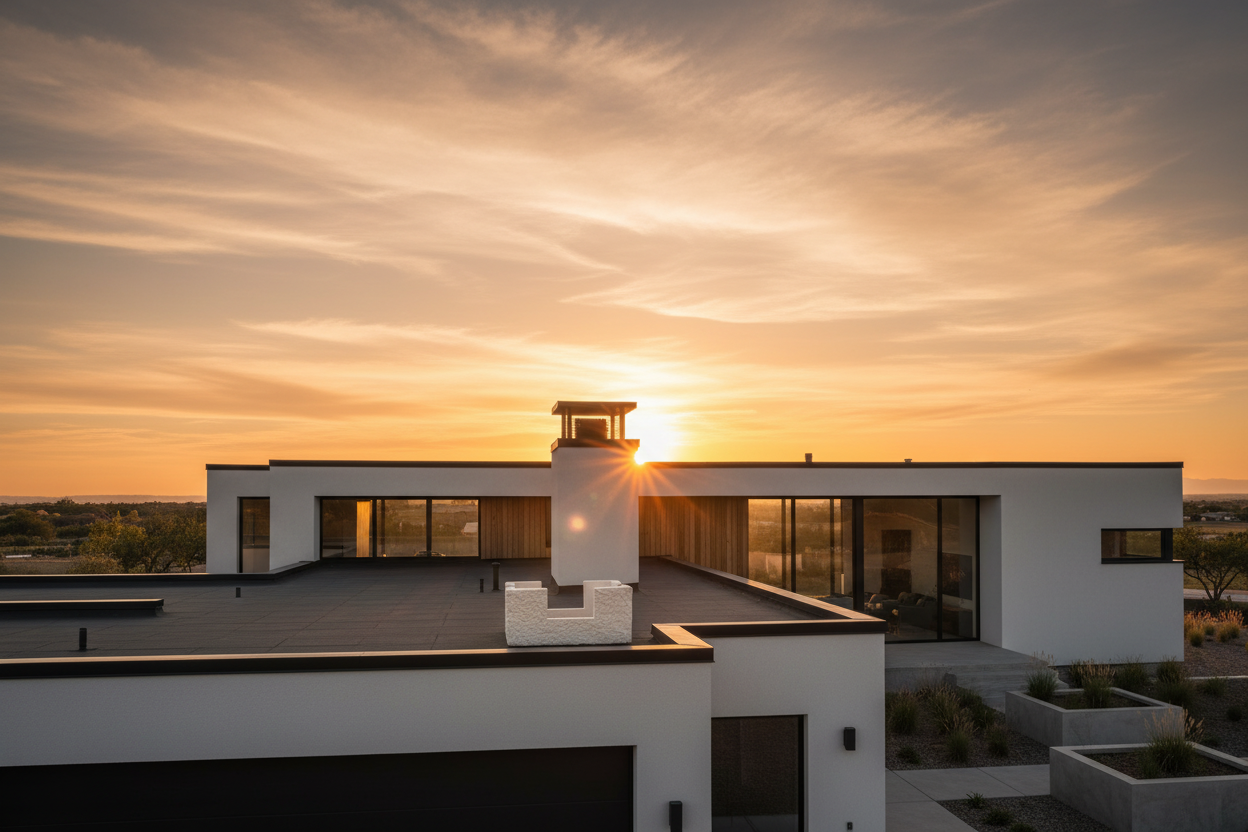 Remate de chimenea Ordesa de hormigón en color Champagne, coronación de la salida de humos en una vivienda moderna al atardecer - Vetonek