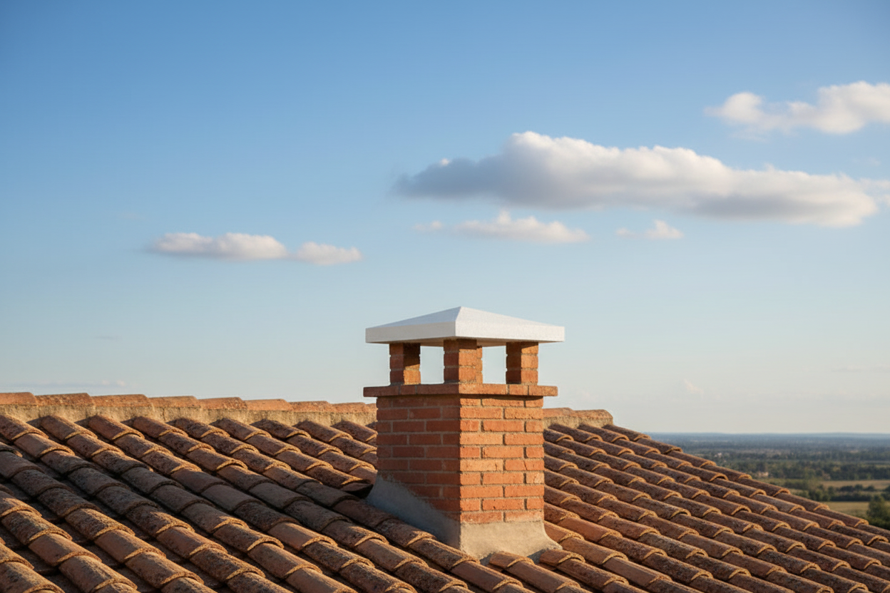 Remate de chimenea Coca de hormigón con textura de ladrillo terracota, coronación de la salida de humos en el tejado de una casa de campo - Vetonek