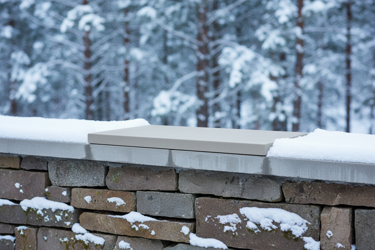 Cubremuros Duero Liso de hormigón gris, remate de un muro de piedra en una cabaña nevada - Vetonek