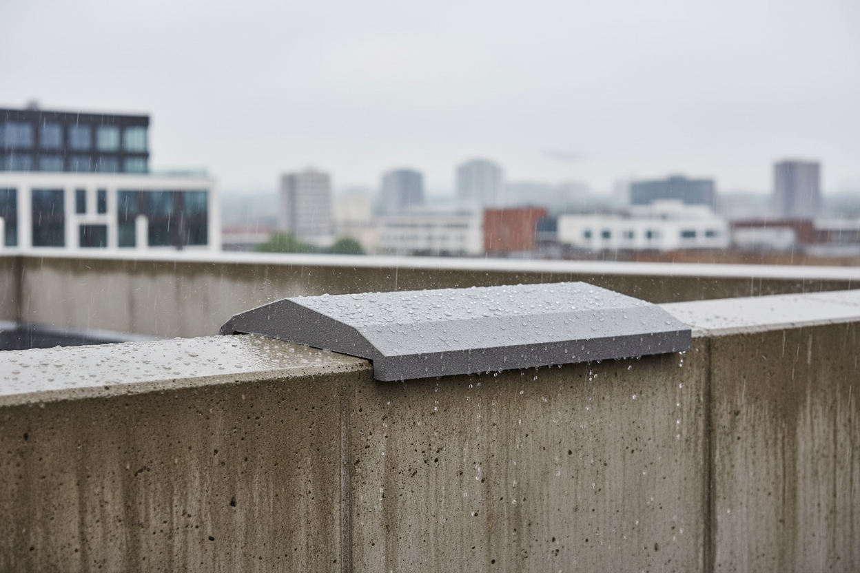Cubremuros Cinca de hormigón gris, remate del muro de un ático urbano bajo la lluvia - Vetonek