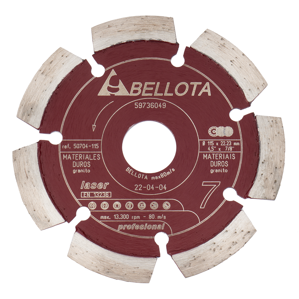 Disco de diamante segmentado Bellota Pro7 50704 para materiales duros, de 115 mm