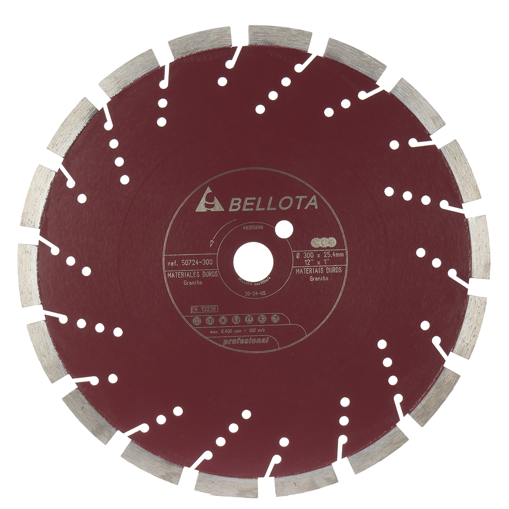 Disco de diamante segmentado Bellota 50724 para materiales duros en húmedo, de 300 mm