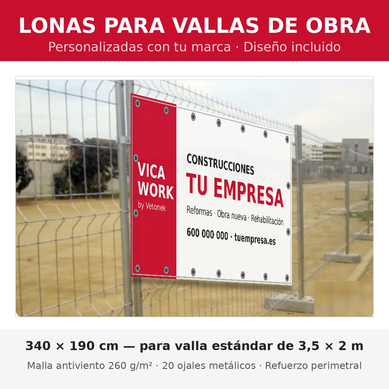 Bâches Personnalisées pour Clôtures de Chantier | Maille micro-perforée 340×190 cm, création graphique incluse