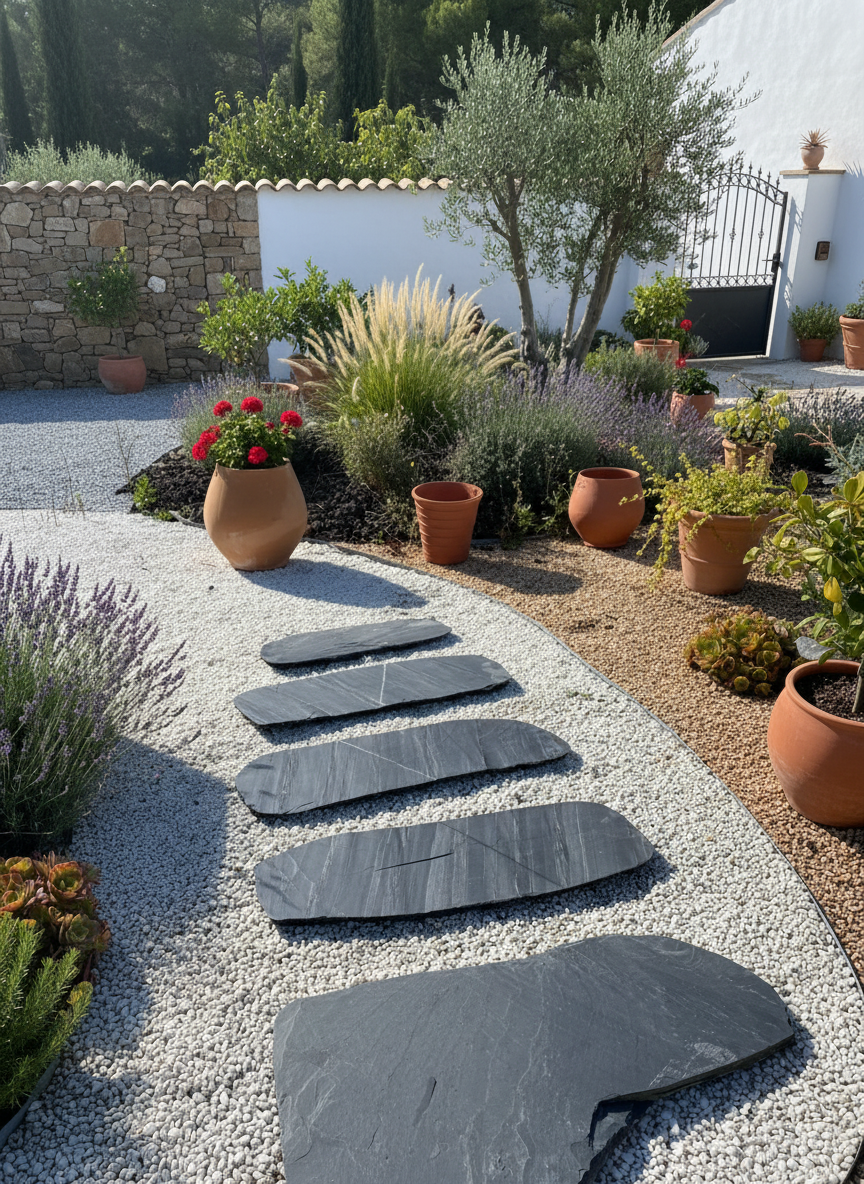Paso japonés de pizarra oval para jardinería, ideal para caminos decorativos en exteriores.