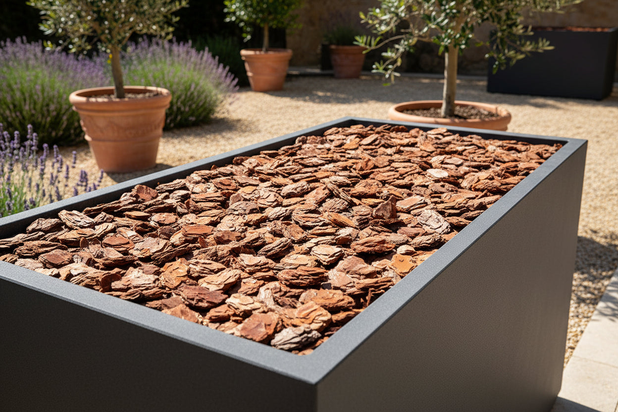 Résine pour fixation de mulch et écorce de pin, idéale pour le jardinage et l'aménagement paysager en extérieur.