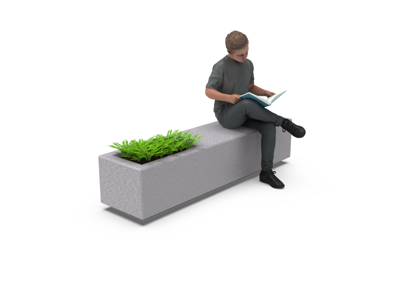 Banco-Jardinera Axis de hormigón gris granítico con plantas integradas, ideal para espacios públicos y privados.