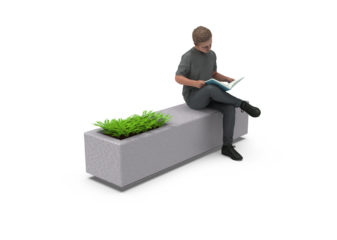 Banco-Jardinera Axis de hormigón gris granítico con plantas integradas, ideal para espacios públicos y privados.