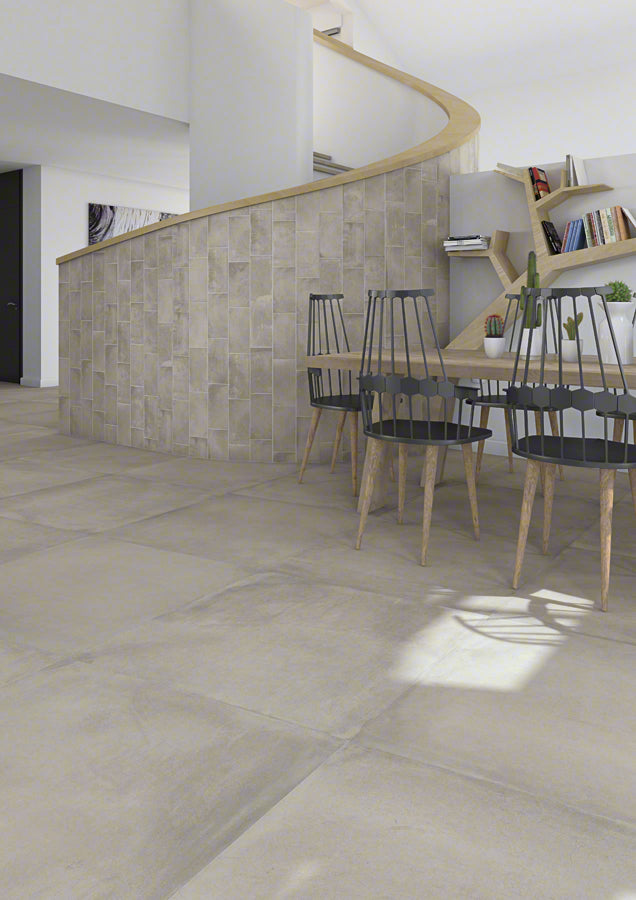 Ambiente con suelo efecto barro Matera Gris - Vetonek