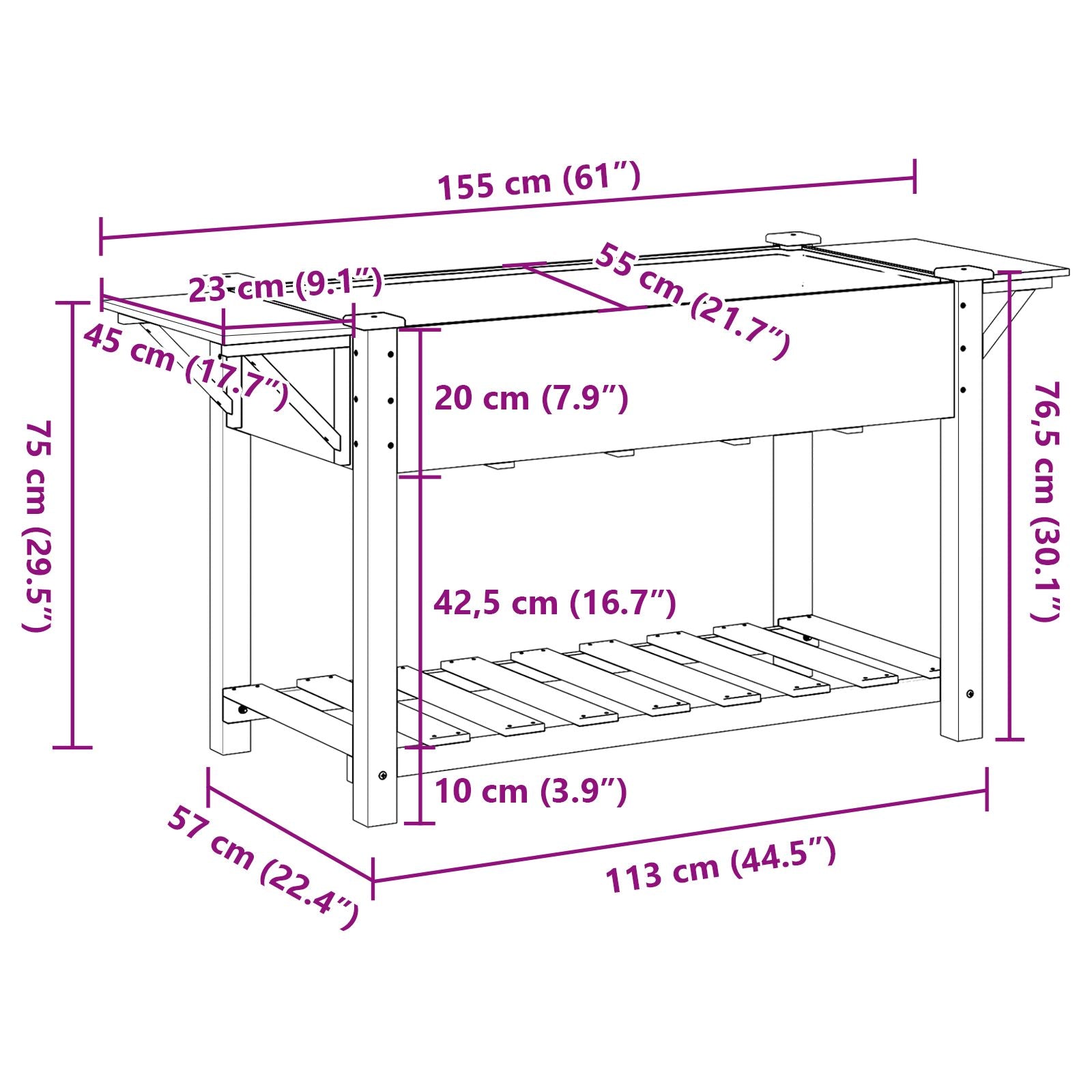 Macetero de Jardín con Estantes 155x59x76 cm de Madera Maciza de Pino V0630 Vetonek