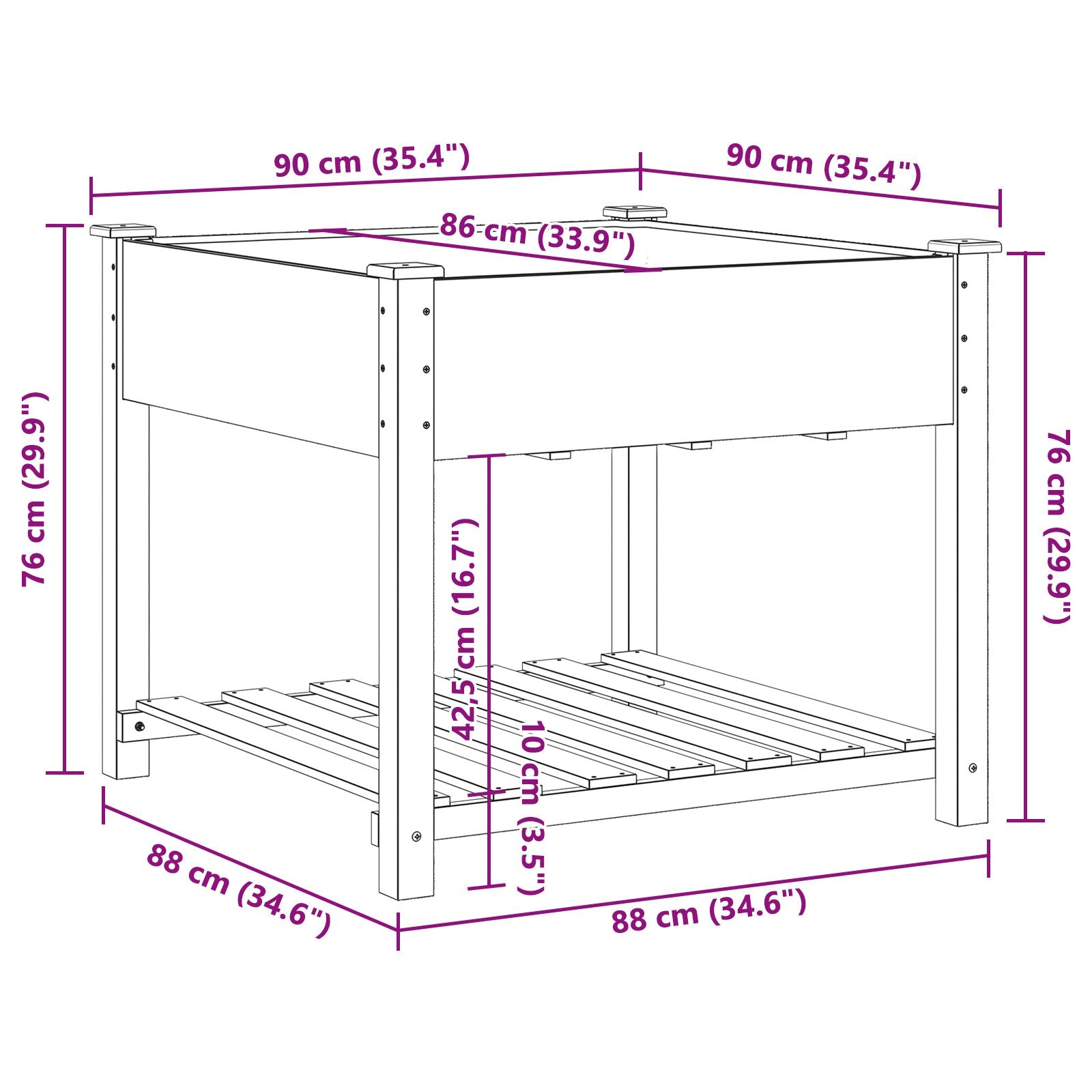 Macetero de jardín con estante 90x90x76 cm de madera maciza de abeto V0661 Vetonek