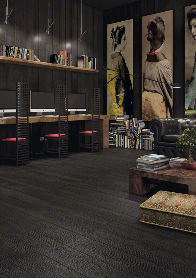 Dormitorio con pavimento efecto madera Merano Okinawa Carbón - Vetonek