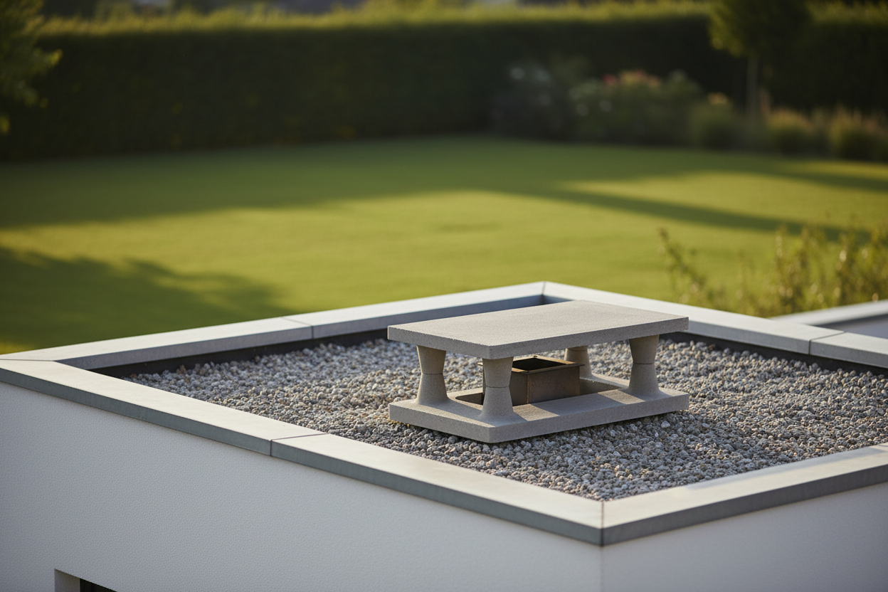 Sombrero de chimenea de hormigon color gris natural con patas y goterones instalado sobre la salida de humos del tejado plano de una vivienda unifamiliar moderna minimalista, jardin con cesped desenfocado al fondo, luz de tarde calida