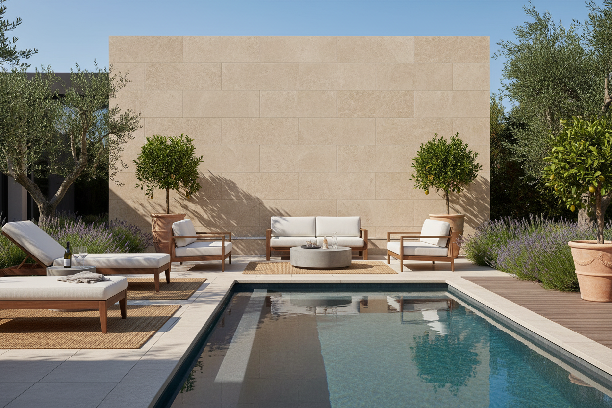 Muro exterior revestido con Aplacado Poblet en un patio de lujo con piscina y muebles de exterior