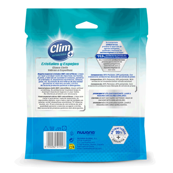 Bayeta de microfibra Clim Antibacterial para cristales y espejos - Pack 15 uds Vetonek