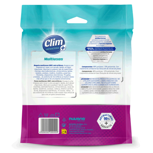 Chiffon multi-usages 100 % microfibre Clim antibactérien - Boîte de 8 unités Vetonek