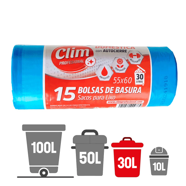 Bolsas de basura autocierre Clim Profesional 30L - Rollo de 15 uds Vetonek