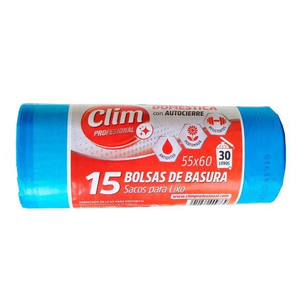 Bolsas de basura autocierre Clim Profesional 30L - Rollo de 15 uds Vetonek