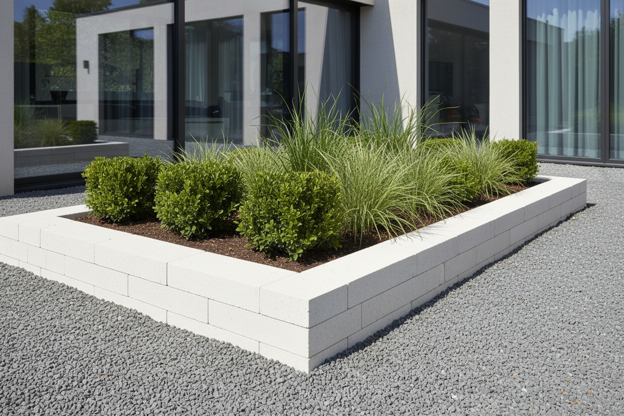 Jardinera minimalista con gravilla delimitada por Bordillo Albarracín Apilable de hormigón en blanco - Vetonek