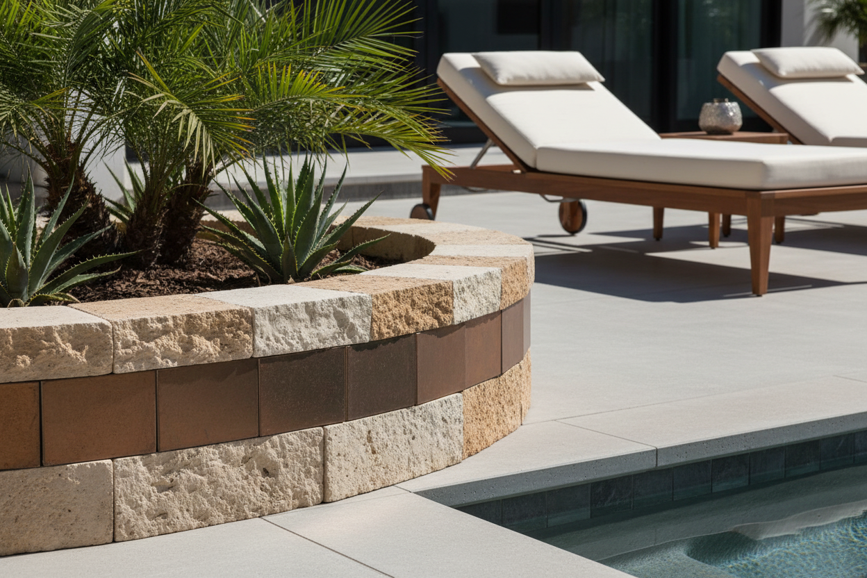 Jardinera curva junto a piscina con Bordillo Albarracín Apilable de hormigón en arena y bronce - Vetonek