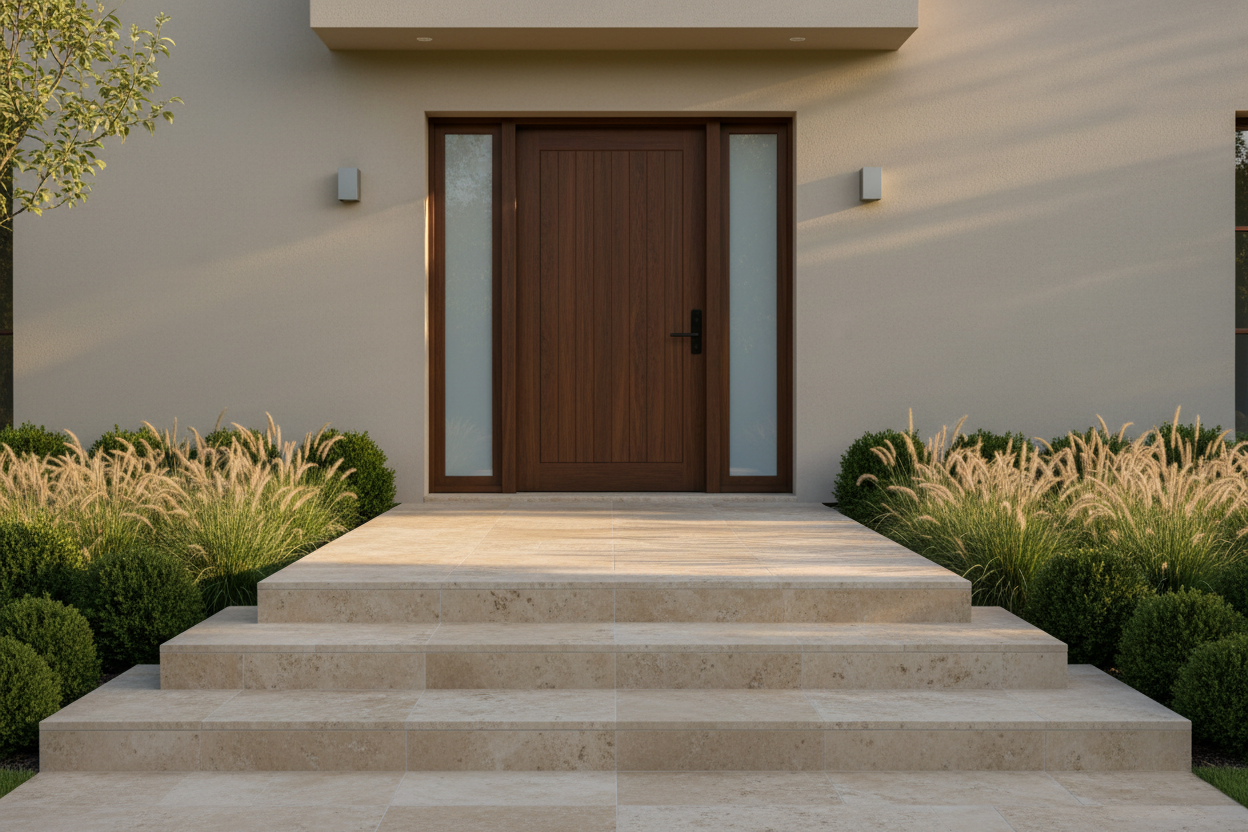 Entrada de vivienda con escalinata de Losa Frías Travertino de hormigón en caliza - Vetonek